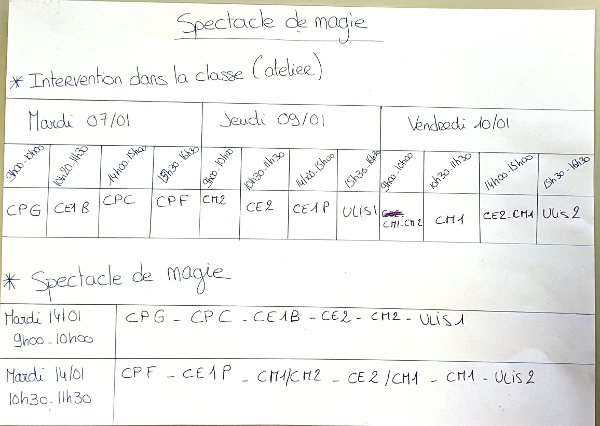 Planning des interventions du magicien Melkior dans les classes de l'école élémentaire